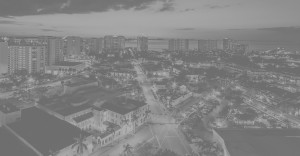Black and white aerial view of city
